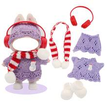 Weihnachtsthematisches Cut Out gestricktes Pullover-Set, kombiniert mit Schal, Kopfhörern, Schuhen, für LABUBU, Halloween, Weihnachten, Feiertage, Geburtstagsgeschenk (ohne Plüschpuppe)