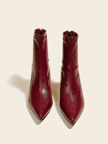 Fall/Winter Women's Black Suede Ankle Boots And Short Boots, 7cm High Heel, Elastic Slim Fit, Comfortable And Fashionable Boots, Black High Heels, Wine Glass Heel, Oil Leather,Kitten Heel Boots - Red - View 4