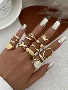 12 Stücke Vintage Punk Barock Künstliche Perle asymmetrischer Wassertropfen Hohlring Set, modernes geometrisches Design Ringe, geeignet für Damen Alltagsoutfit und Party Accessoires - Goldgelb - Übersicht 15