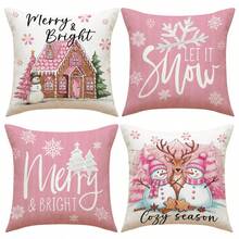 4pcs Christmas Theme Pillow Covers, Pink Letter Print Snowman & Reindeer Pattern, Farmhouse Style Polyester Fabric Zippered Single-Sided Print Cushion Covers, Pillow Inserts Not Included, Winter, Christmas Holiday Home Decor, Suitable For Sofa, Bed, Chair, Bedroom, Living Room, Patio Decoration