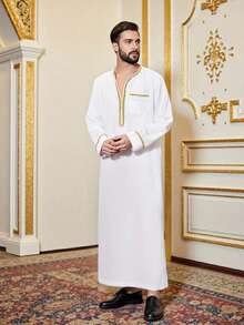 Vestido musulmán de hombre con borde dorado y color contrastante, túnica árabe de manga larga con bolsillo, cuello redondo, kaftan largo, ropa tradicional árabe y musulmana del Medio Oriente, túnica árabe, vestimenta casual musulmana, túnica musulmana de manga larga para hombre, vestido largo con cremallera y contraste, vestimenta casual