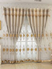 1 pieza Cortina de panel de lujo beige exquisita con bordado 3D, con ojales en la parte superior, protección blackout y aislamiento térmico grueso, adecuada para sala de estar, dormitorio, oficina, decoración del hogar