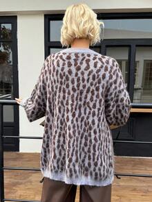 Livesso Leopardmönstrad lapptäckeskofta med stickad tröja för kvinnor, långärmade toppar, höstkläder - Grå - Visa 5