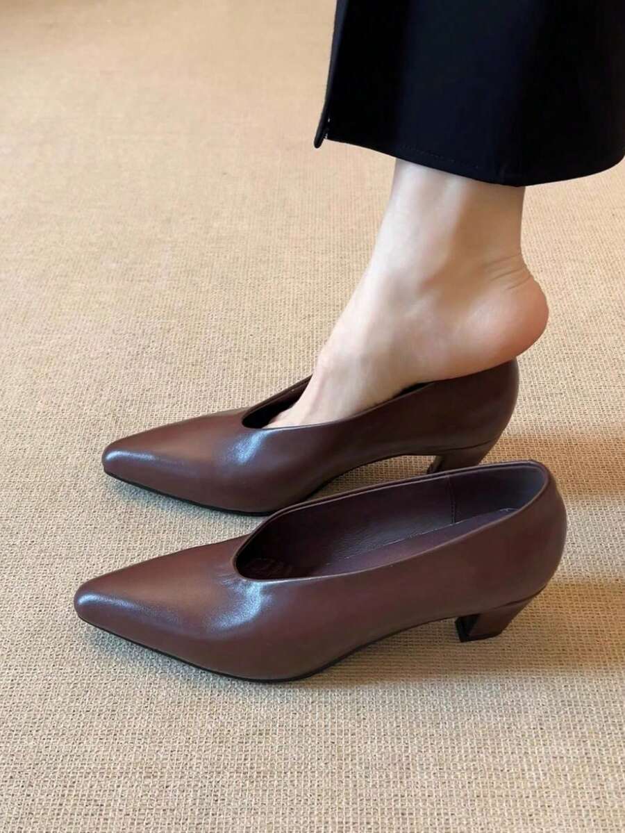 Fall/Winter Commuting Matte Leather Simple Slip-On Shoes, French Style Square Toe Vintage Chunky Heel Shoes For Women, Elegant - Brown - View 1