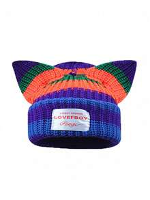 1pc Women's Knitted Hat, Cute Cat/Rabbit Ear Design, Warm Beanie Cap, Suitable For Autumn/Winter Everyday & Outdoor Use (Slight Variation In Stripe Placement) - Multicolor - View 11