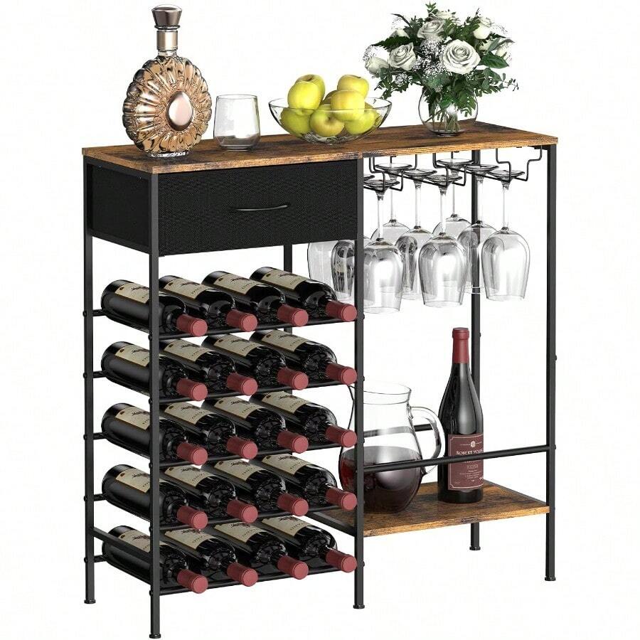 MOOACE Wine Rack Freestanding Floor Wine Bar Cabinet With Wine Storage And Glass Holder Mini Home Bar For Liquor Cabinet Coffee Bar Storage For Kitchen Dining Room Living Room - 棕色 - 查看 1