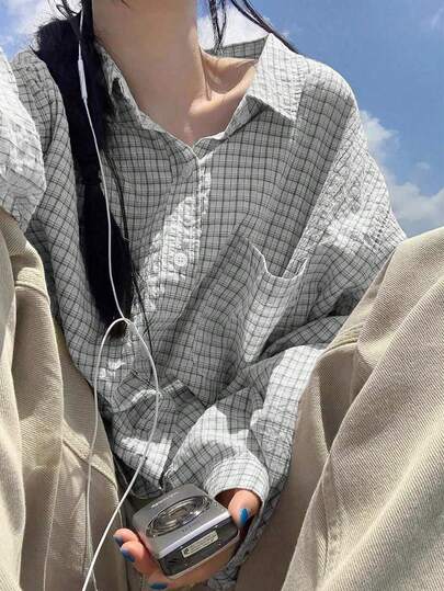 Vintage Niche Ins Style Wrinkle Plaid Long Sleeve Polo Shirt Women Casual Jacket White