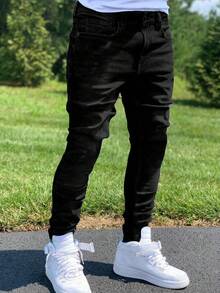 Straight Fit Washed Denim Jeans, Versatile Commuter Slant Pocket Jeans For Men & Women, Skinny Fit Casual Wear, Cotton Fabric For All Seasons - Black - View 1