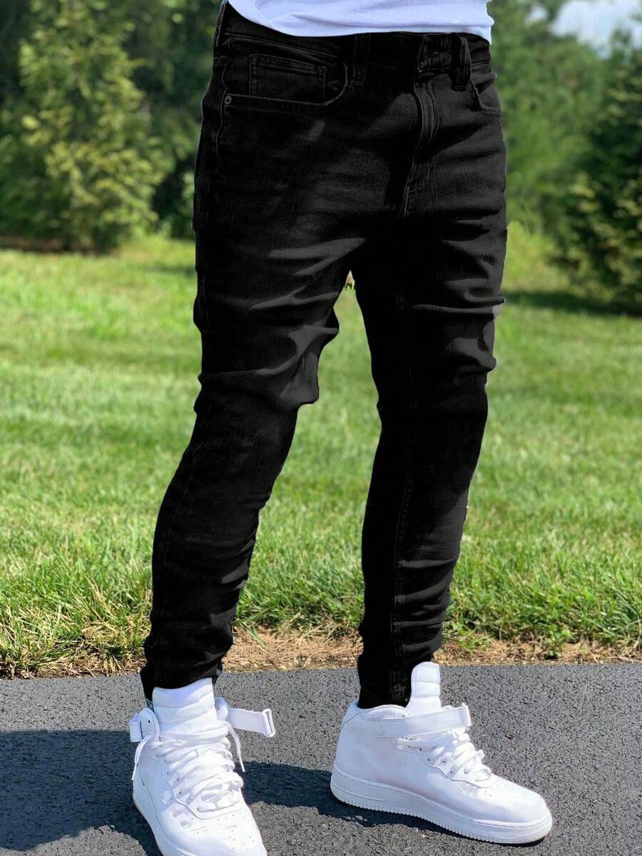 Straight Fit Washed Denim Jeans, Versatile Commuter Slant Pocket Jeans For Men & Women, Skinny Fit Casual Wear, Cotton Fabric For All Seasons - Black - View 1