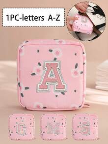 A-Z First Letter Towel Pearl Embroidered Portable Sanitary Napkin Storage Bag - Large Capacity Waterproof Cartoon Design - Suitable For Girls In Their Menstrual Period! Waterproof Cosmetic Travel Bag, Coin Wallet, Teen Girl Cash Bag