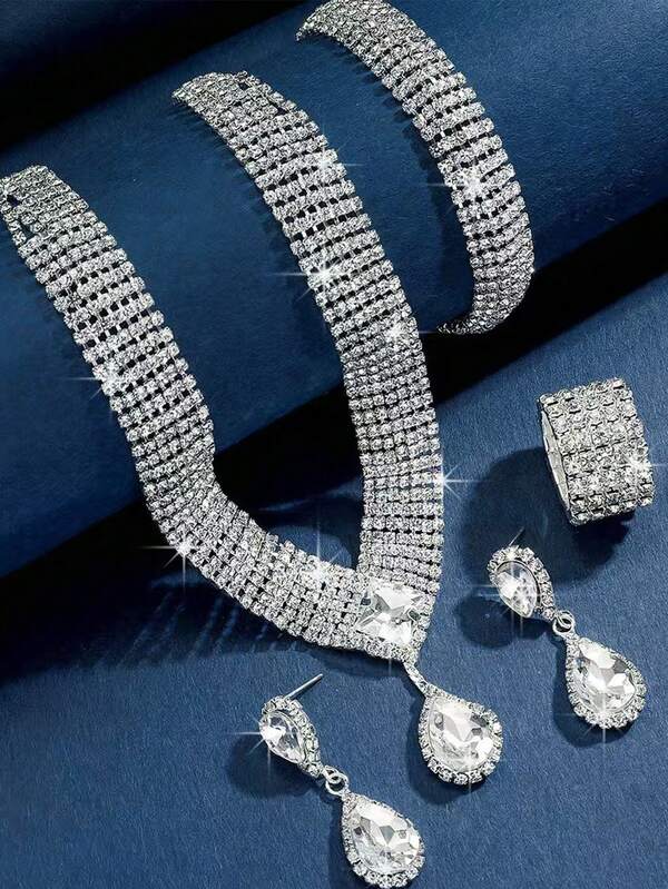 5pcs Bridal Full Crystal Jewelry Set - Necklace, Bracelet, Earrings, Ring, Versatile For Wedding Gown & Formal Wear