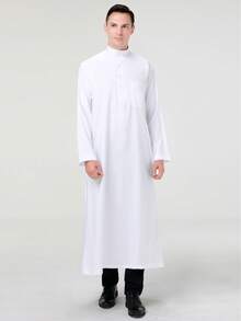 Classic Solid Color Loose Fit Long Robe With Stand Collar - White - View 11