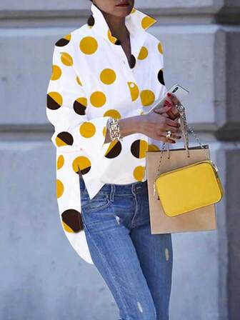 Loose Fit Point Printed Long Sleeve Ruffle Hem Asymmetric Hem Shirt, Spring & Autumn,Long Sleeve Tops