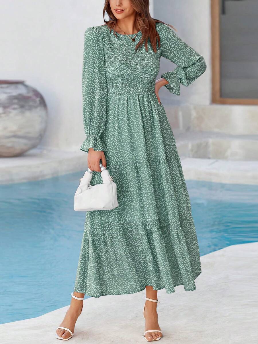 Women Leopard Long Sleeve Maxi Dress Flounces High Waist Smocked Tiered Dress Fall Spring Wedding Guest Vacation Holiday Boho Valentine Dresses Outfits - 綠色 - 查看 1