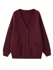 Las mujeres de cuello en V estilo perezoso chaqueta de punto, botón simple japonesa jersey otoño e invierno casual suéter de punto suelto - Burdeos - Ver 6