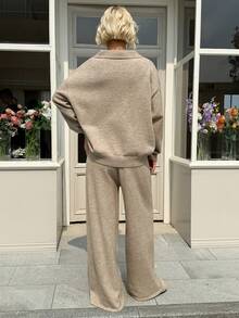 Livesso 2pcs Set Women's Solid Color Drop Shoulder Sweater And Wide-Leg Knit Pants Casual Loose Outfit,Fall Clothes - Camel - View 8