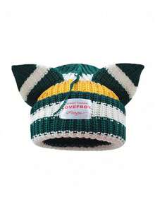 1pc Women's Knitted Hat, Cute Cat/Rabbit Ear Design, Warm Beanie Cap, Suitable For Autumn/Winter Everyday & Outdoor Use (Slight Variation In Stripe Placement) - Multicolor - View 20
