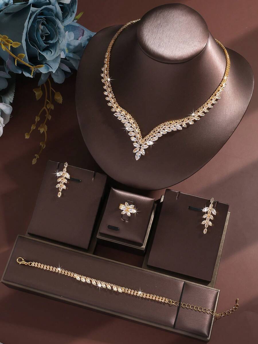 5pcs Luxury Rhinestone Geometric Necklace, Earrings, Bracelet, Ring Jewelry Set, Elegant & Fashionable For Wedding, Party, Daily Commute - Gold - View 1