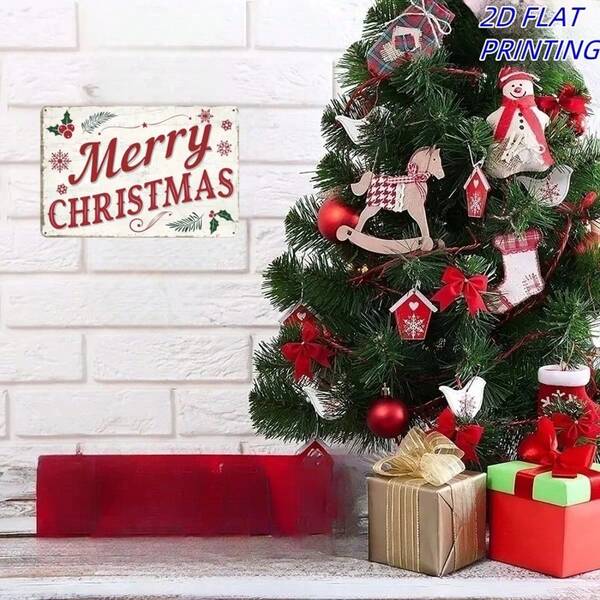 1pc European Retro Style Christmas Decoration! 2D Flat Printed Wooden Sign With "Merry Christmas" Artistic Font And Classic Christmas Elements Like Holly, Snowflakes, Eye-Catching For European Home Living Room Wall, Porch Hanging, Christmas Market Booth, Vintage Cafe Decor, Instantly Boosts Holiday Atmosphere, Wonderful Decorative Plaque And Ornament To Convey The Nostalgic Christmas Cheer~ Home Decor Christmas Decorations Room Decor