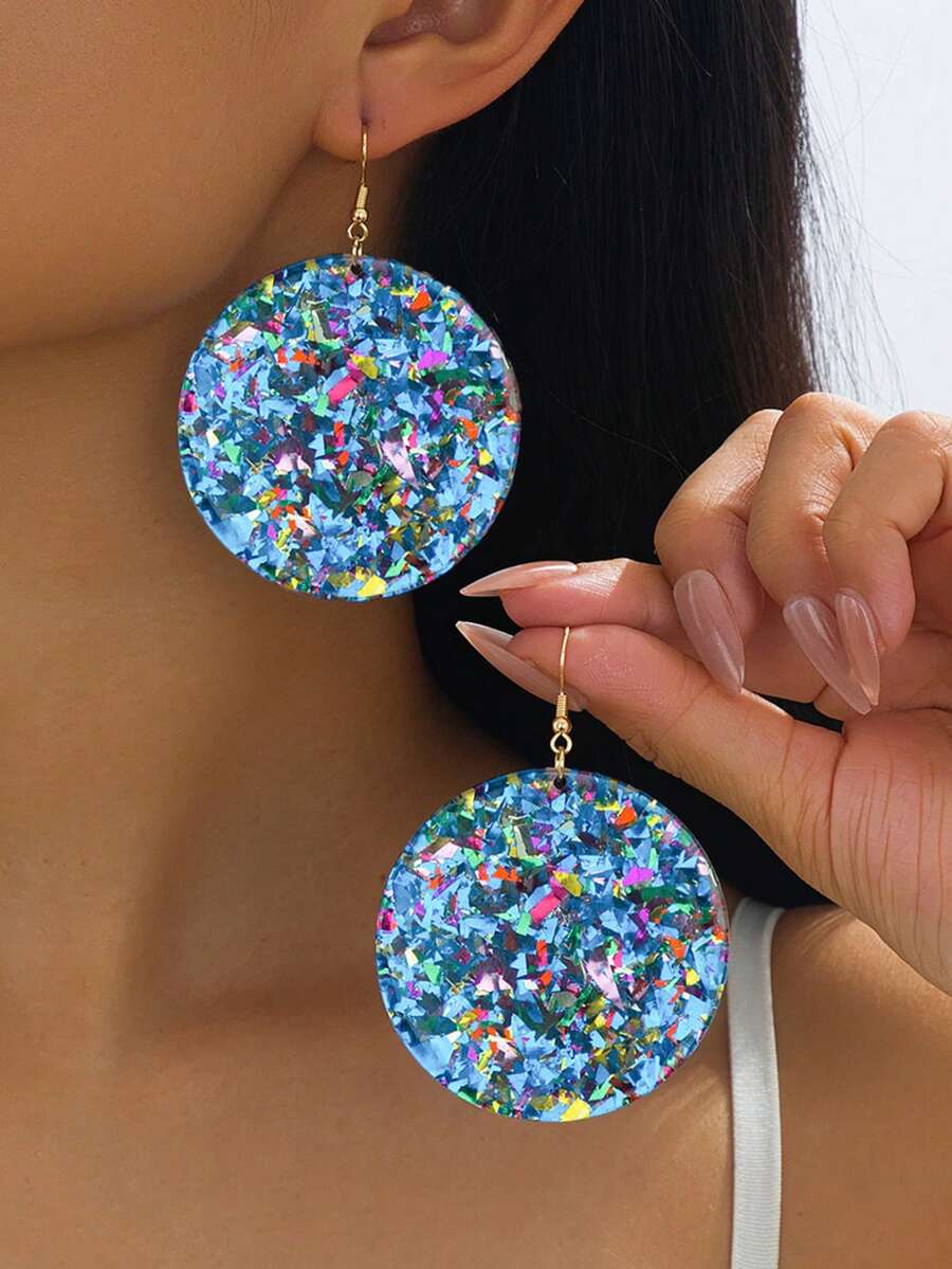 1 par de pendientes colgantes redondos retro con geometría multicolor y brillo, accesorio versátil para vacaciones, fiestas y regalos - Azul - Ver 1