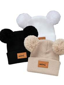 1/2/3件双绒球婴儿针织帽纯色羊毛钩针帽毛绒球儿童套头帽冬季保暖儿童无檐帽 - 彩色 - 查看 20