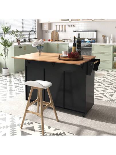 Kitchen Isl 129 71 91.5 Cm, Mobile Folding Tabletop, Drawers Storage Spaces, Trolley Metal Support Frame Height Adjustable Shelves, Kitchen, Dining Room view 2