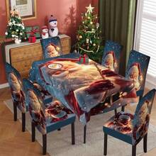 1/4/5/6/7/36pcs Christmas Santa Claus Holding Glowing Magic Wand With Snowflake & Glitter Print Chair Cover/Slipcover Set, Suitable For Indoor Home, Restaurant, Hotel, Ideal For Modern Daily Decor. Tablecloth Fits Square Dining Table, Elastic Chair Cover Is Washable. - Multicolor - View 2