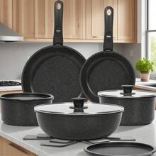 15pcs Nonstick Cookware Set - Induction Compatible Granite Coated Pots & Pans Kit With Frying Pans, Saucepans,Durable Aluminum Kitchen Set,Frying Pan, Stew Pot, Frying Pan, Non-Stick Pan, Soup Pot, Practical Kitchen Tools - Black - View 1