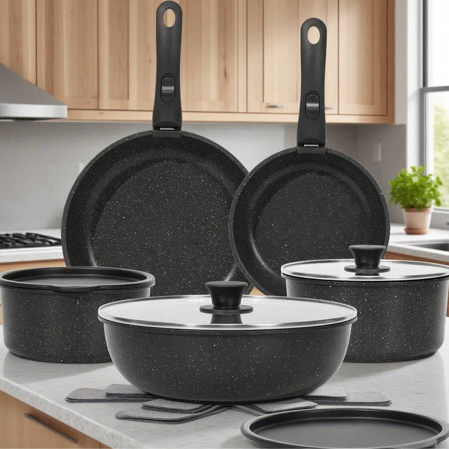 15pcs Nonstick Cookware Set - Induction Compatible Granite Coated Pots & Pans Kit With Frying Pans, Saucepans,Durable Aluminum Kitchen Set,Frying Pan, Stew Pot, Frying Pan, Non-Stick Pan, Soup Pot, Practical Kitchen Tools - Black - View 1