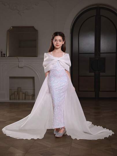 Girls' Sequin Maxi Cape Dress, Suitable For Performance, Evening Party, Birthday, Prom