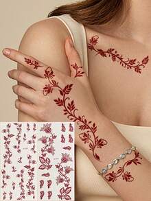 2张曼迪纹身贴纸 - 水转印，临时纹身，持久耐用，适用于手部和手指，棕色和酒红色，是女性身体彩绘的完美之选 - 棕色 - 查看 9