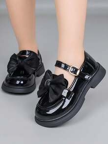 1 Pair Kids' Solid Color Leather Bowknot Strap Flat Outdoor Classic Loafers, Suitable For Autumn
