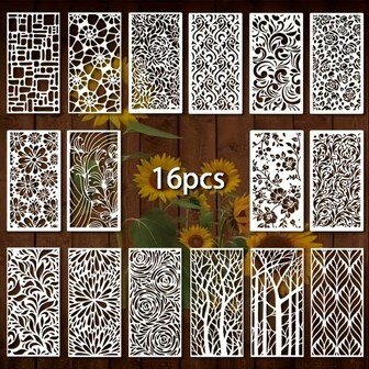 16pcs Geometric Texture Stencils Reusable, Washable Painting Stencils For DIY Furniture, Canvases, Tiles, Walls, Floors, Glass Windows, Interior And Exterior Decor - White, Plastic, Art Supplies For Airbrush And Brush Painting