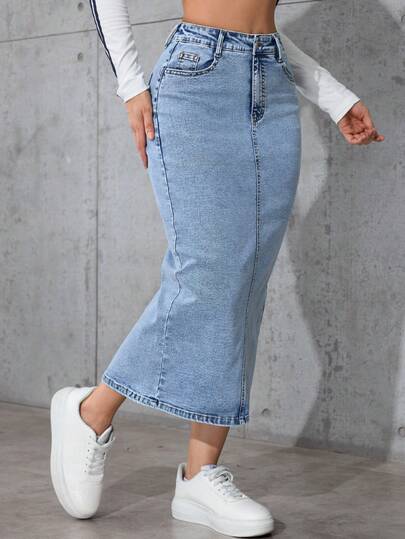 万圣节加大码牛仔裙，女士弹力开衩休闲修身牛仔裙，中长款秋冬服装，节日春季服装