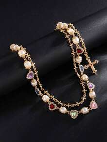 1pc Retro Luxurious Multi-Layer Rhinestone Imitatation Pearl Pants Chain, Cross Body Chain, Pants Decoration For Men - Dây chuyền quần kim cương hình trái tim - Xem 2