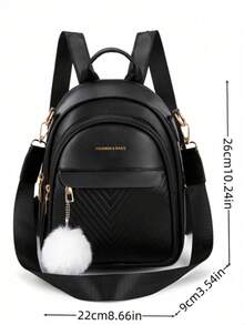 LECEY 女士休闲时尚简约背包，带绒球吊坠 - 黑色 - 查看 4