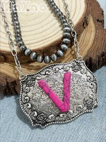 Women's Vintage European & American Bohemian Style Rose Red Turquoise English Initial Double Layer Necklace, 18-Inch Pearl + 20-Inch Rectangular Alloy Pendant, Suitable For Daily Wear, Dates, Theme Parties, You Will Get Many Compliments From Friends When Wearing It - Hot Pink - View 14