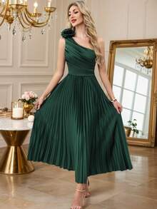 Rochie elegantă din satin cu un singur umăr, cu fundă 3D, fustă evazată, plisată, cu talie înaltă, în linie A, cu crăpătură laterală, potrivită pentru petrecere, banchet, nuntă, domnișoare de onoare