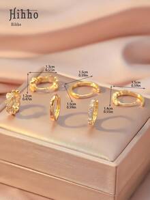 Hihho 6pcs/Set Classic Retro Zirconia Stud Earrings Set, Minimalist Luxury Design Earrings, Suitable For Daily Stacking Or Single Wear, Best Gift For Friends - Yellow Gold - View 9