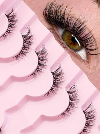 Waloshow 7对半眼假睫毛猫眼自然纤长交叉蓬松卷翘斜角睫毛适合日常佩戴和通勤