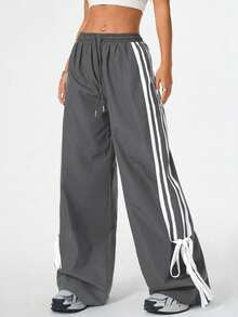 Women's Side Striped Bow Track And Field Street Pants With Drawstring Waist And Wide Leg Pants - 深灰色 - 查看 1