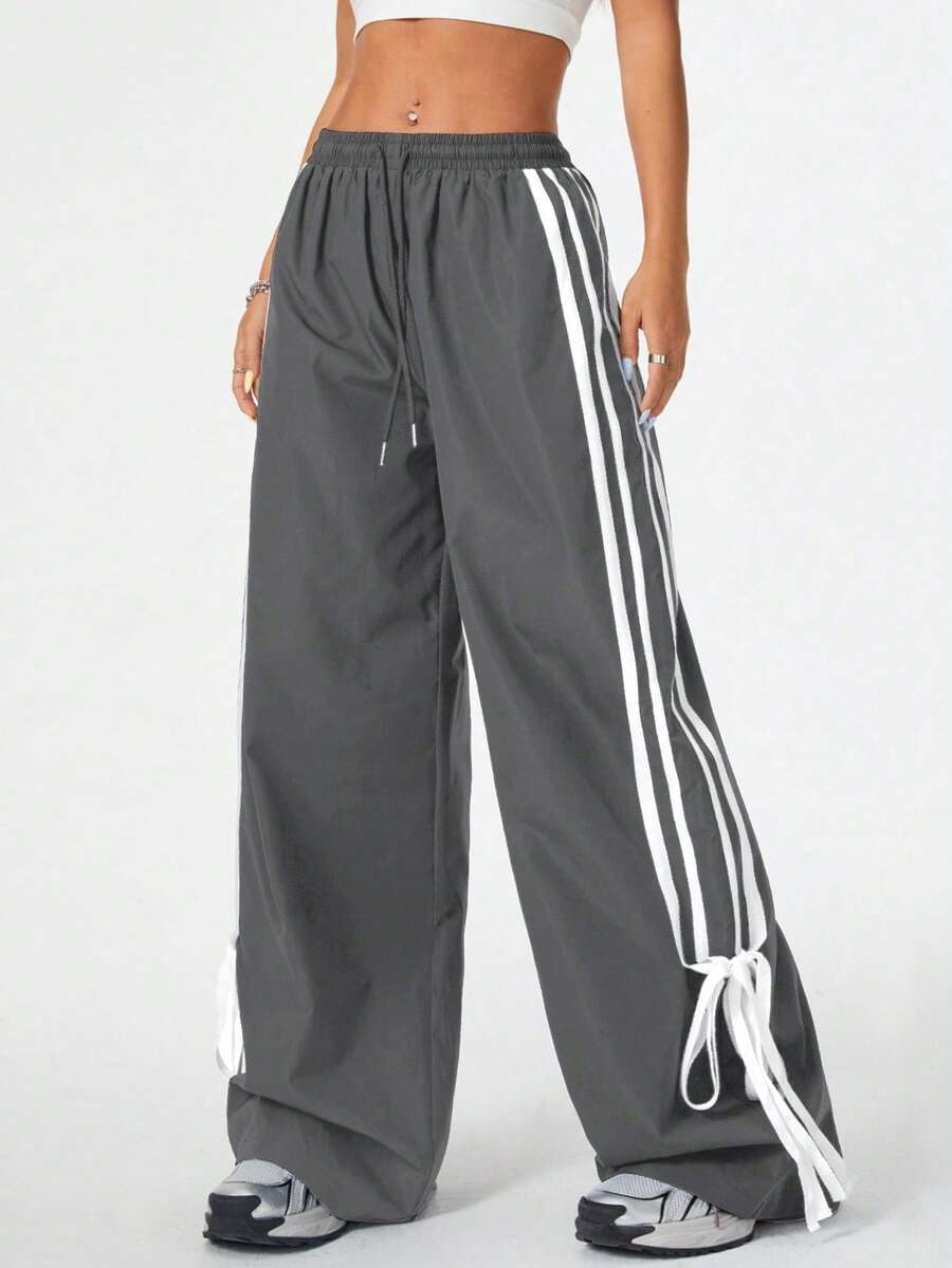 Women's Side Striped Bow Track And Field Street Pants With Drawstring Waist And Wide Leg Pants - 深灰色 - 查看 1