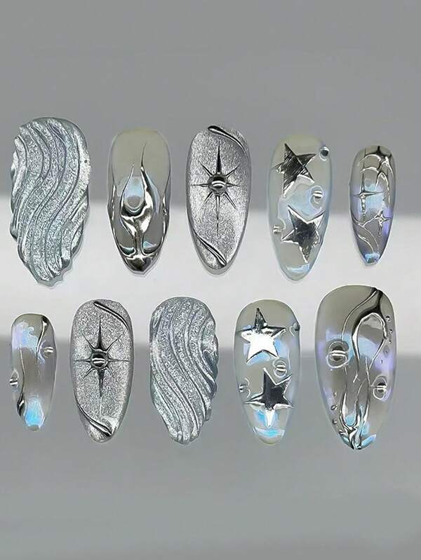 24pcs Removable 3D Holographic Cat Eye Shiny Starry Press On Nails, European & American Style