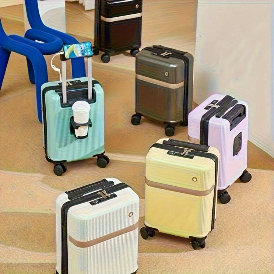 Fashionable New Lightweight ABS Carry-On Trolley Suitcase With Cup Holder And Phone Holder, Designer Luggage With Quiet Wheels And Detachable Cabin Size, Upgraded With Thicker Material And Metal Protection Frame, Essential For Business Trips And Travels - Multicolor - View 1