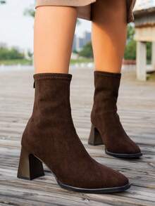 Women's French Style Versatile Ankle Boots, New Autumn/Winter Chunky Heel Back Zipper Fashion Short Boots