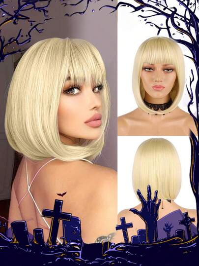 Colorful Short Light Blonde Bob Wig With Bangs 12 Inch Straight Shoulder Length Synthetic Orange Hot Pink Green Wigs For Women Halloween Christmas Cosplay Party Use