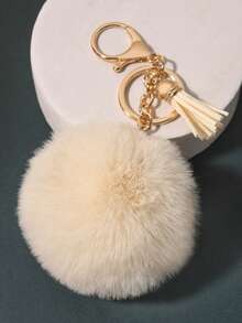 1pc Fluffy Ball With Tassels Keychain & Bag Charm Car Accessories School Cute Goth Y2k - Beige - View 6