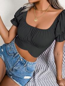 Spring And Summer Sexy Cute Solid Color Bow Tie Short Top Shirt Blue Green Black - màu đen - Xem 6