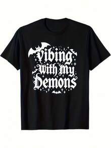 Halloween Clothes Women's "Dancing With Demons" Gothic Style Printed-Shirt - Black And White Bat Star Pattern Short Sleeve Round Neck Top, Machine Washable Spring Summer Casual Style, Gothic  Design, Comfortable Fit Year-Round Essential, Everyday Wear - 黑色 - 查看 1