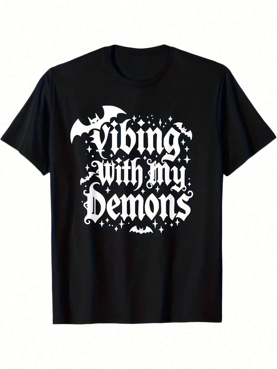 Halloween Clothes Women's "Dancing With Demons" Gothic Style Printed-Shirt - Black And White Bat Star Pattern Short Sleeve Round Neck Top, Machine Washable Spring Summer Casual Style, Gothic Design, Comfortable Fit Year-Round Essential, Everyday Wear - 黑色 - 查看 1